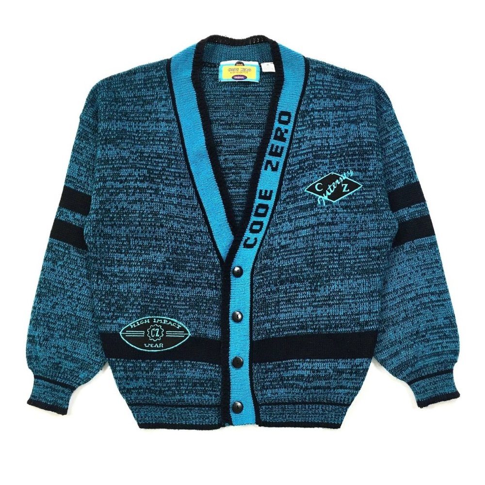 80s Vintage Code Zero Blue Unisex Knit Cardigan Sweater